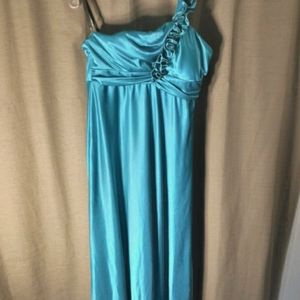Full length one shoulder Aqua gown